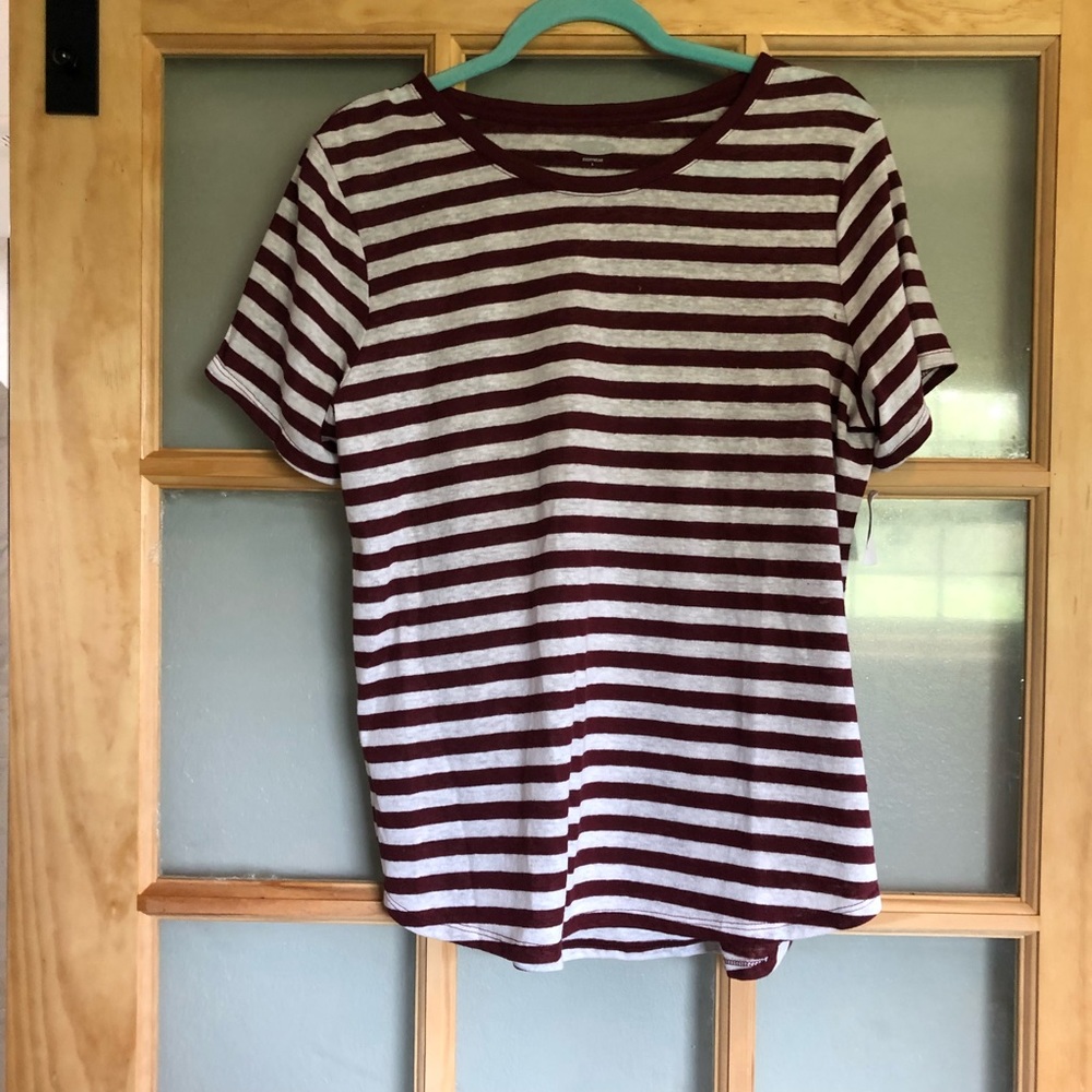 Red and grey striped shirt.